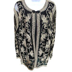Vtg ISC Womens Blazer Sleeveless Shell‎ L Silk Embroidered Metallic Black Tunic